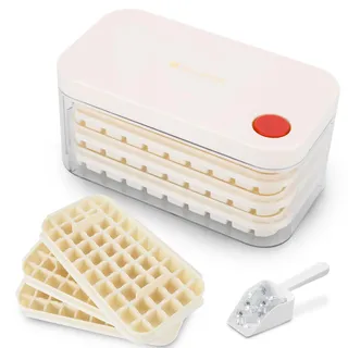 Eiswürfelform mit 150 Eiswürfeln Eiswürfelbehälter mit Deckel und Behälter einschließlich Deckel und Behälter, einfaches Drücken zum Lösen des Eises, 3 Ebenen, 1 Eiskübel und Schaufel(Beige)