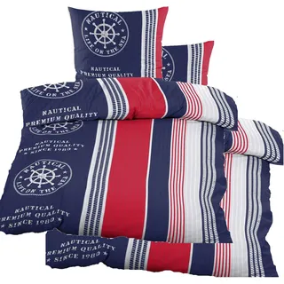 KH-Haushaltshandel Bettwäsche 4-tlg. Seersucker Bettwäsche 2x (135x200 +80x80cm), Maritim, Seersucker, 4 teilig, blau rot weiß, Nautical, Steuerrad, bügelfrei blau|rot