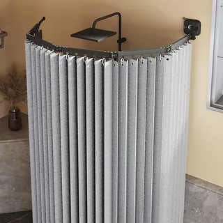 HLTQL Duschvorhang Ohne Bohren,duschvorhangstange L/u Form Und Starker Saugnapf, Faltbarer Duschvorhänge Anti Schimmel Wasserdicht/waschbar Für Eckdusche, Shower Curtains,Grey-3-Folds
