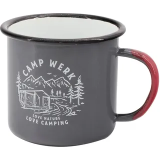 CAMPWERK Emaille Becher/Tasse, Kafeebecher, Teepott, Trinkbecher für Picknick,Camping & Reisen, feuerfestes und bruchfestes Essgeschirr, Mit Adventure mit Outdoor Motiv, 350ml