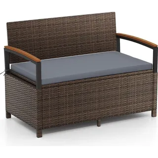COSTWAY 2-Sitzer Gartenbank Polyrattan mit Stauraum & Kissen, wetterfeste Truhenbank, Balkonbank, Sitzbank 120 x 61 x 84cm Grau - Braun/Grau