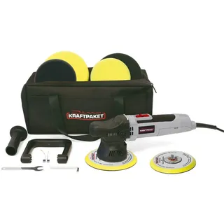 Dino Kraftpaket Exzenter Poliermaschine für Auto Boot KFZ im Set mit Stützteller Polierpads und Tasche, 125mm+150mm, Grau