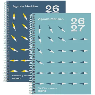 ADDITIO - Sekundärkalender, 12 bis 16 Jahre, Meridian, Schülerkalender 2026-27, Wochenansicht, September 2026 bis Juni 2027, 15 x 21 cm, Spanisch, Hellblau, Dunkelblau