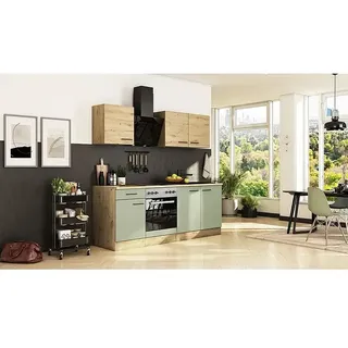 Flex-Well Cara Singleküche  (Breite: 210 cm, Schilfgrün Antifingerprint / Artisan Eiche, Mit Elektrogeräten)