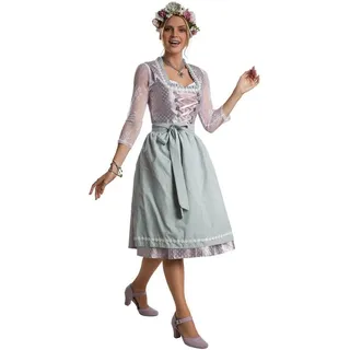 dressforfun Dirndl Midi-Dirndl, tailliert, halblang, edle Optik, Schürze abgestimmt (Trachtenkleid, Konfektionsgröße XXL, silber/grün) Reißverschluss rechts, Schnürung vorn, gepunktete Rüschen, Blumenkette grün|silberfarben XXL
