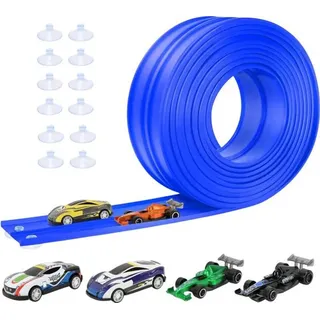 Kinder Autorennbahn Set mit 5 m Doppelschiene, 4 Sportwagen, 12 Saugnäpfen, Kinder Rennbahn Set - BLUETURBO