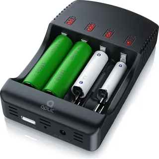 Aplic Batterie-Ladegerät 2000 mA, Universal Akku Ladegerät mit USB Powerbankfunktion, 4x Aufladeschächte - Schwarz
