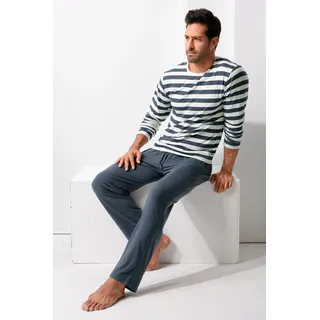 H.I.S. Pyjama H.I.S, Herren, Gr. 56/58 (XL), blau (navy, cream), Jersey, Obermaterial: 60% Baumwolle, 40% Polyester, gestreift, Basic, lang, Rundhals, abgesteppte Kante, Homewear-Sets Pyjama, Schlafanzug mit garngefärbten Streifen