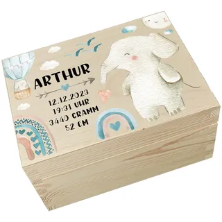 Erinnerungsbox Baby Elefant personalisert mit Hochwertigem Farbdruck - Individuelle Baby Erinnerungsbox - Niedliche Erinnerungskiste aus Holz - Tolles Geschenk zur Geburt
