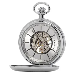 REGENT Taschenuhr mit Kette ⌀51mm Uhrwerk skelttiert Mineralglas P-769