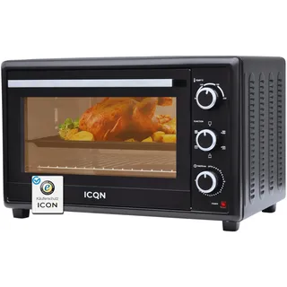 ICQN 50L Minibackofen mit Umluft, 1800 W, Drehspieß, Innenbeleuchtung, Pizzaofen, 60 Min Timer, inkl. Backblech Set, Mini-Ofen