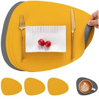Myir JUN Tischsets abwaschbar doppelseitige Platzdeckchen abwaschbar | 4er Set Platzsets abwaschbar wasserdichte rutschfeste Oval Tischsets aus Kunstleder Untersetzer Teller in Lederoptik