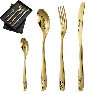 Individuell graviertes Besteck, 1 Set von 4 Stück, personalisiertes Besteck für Erwachsene, Gabel, Messer, Löffel und Teelöffel graviertes Edelstahl-Besteck-Set (Gold)