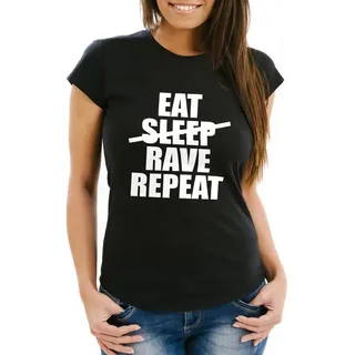 MoonWorks Print-Shirt Damen T-Shirt - Party, Festival, Feiern Spruch Shirt Techno - Eat Sleep Rave Repeat Heavy - Comfort Fit MoonWorks® mit Print schwarz XS