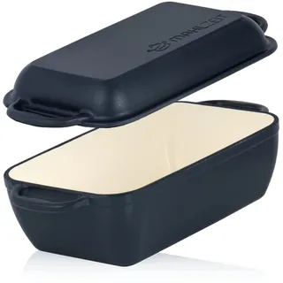 Mahlzeit Gusseisen Bräter mit Deckel emailliert | 4,8 Liter | Blue Berry | Bräter 2in1 mit Bratpfanne | Backofengeeignet, Induktionsgeeignet | Doppelbräter, Entenbräter groß, Emaille Bräter