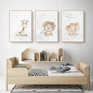 EXQULEG 3er Set Poster Kinderzimmer Kleiner Hase Giraffe Tiere Bilder Babyzimmer Deko Ohne Rahmen, Kinderbilder Tiermotive Poster für Junge Mädchen (A,40x50cm)