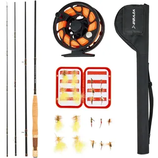 Vevor Fliegenfischer-Kombi-Set, IM7 Carbon-Fliegenrute und -Rolle, Starter-Set mit Rutentasche & Tacklebox & 6 Kurzschwanz- und 4 Langschwanz-Fliegenhaken, ideal für Reisen und Urlaub