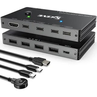 USB-C KVM Switch, KCEVE KVM Typ-C Umschalter Unterstützt 4K @ 60Hz für 2 Typ-C Computer, die Tastatur, Maus und Monitor teilen, unterstützt 87 W PD-Schnellladung