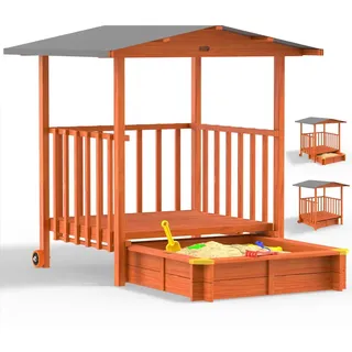 Spielwerk® Sandkasten Merle Sonnendach 143x130x130cm Veranda 95x95x20cm UV-Schutz Sandbox