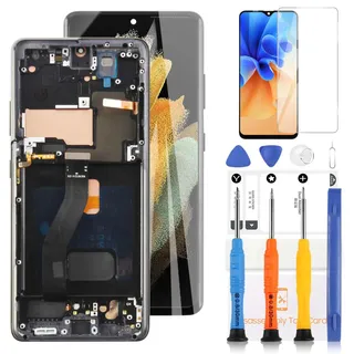 LADYSON OLED-Bildschirm für Samsung Galaxy S21 Ultra 5G SM-G998B SM-G998B/DS SM-G998U SM-G998W Ersatz-LCD-Display Touchscreen Digitizer Assembly mit Werkzeugen (Schwarz mit Rahmen)