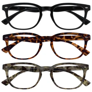 OPULIZE ORA Lesebrille für Damen Herren, Designer Stil, Leser mit Federscharnier, Rechteckiger Rahmen, 3er-Pack Schwarz, Braun & Grau Schildpatt +1,00
