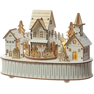 MARELIDA LED Holz Weihnachtsdorf mit Musik und fahrendem Zug Spieluhr