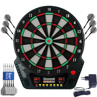 Elektronische Dartscheibe Set, Aktualisierte Soft Tip Elektrische Dartboard mit Sprachansagen, LED-Anzeigen, 6 Dartpfeil, 33 Spiele Profi E-Dart Board für Hause Partys Garten 1 bis 8 Spieler, Schwarz