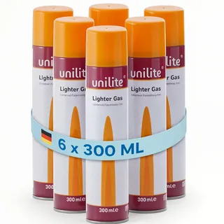 UNILITE Butan Feuerzeuggas - 6 x 300 ml - mit je 6 x Adapter - Gaskartusche zum Nachfüllen von Gasfeuerzeug, Küchenbrenner, Flammbierer, Stabfeuerzeug, Sturmfeuerzeug & Co. – Nachfüllgas Feuerzeug