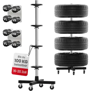 GENTOR Felgenbaum fahrbar – Reifenständer für 4 Reifen bis 225mm, belastbar 100kg, inkl. 8 Reifenmarkierer,