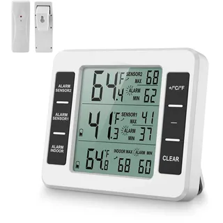 drahtloses digitales akustisches Alarm-Kühlschrank-Thermometer,Kühlschrank-Thermometer, Innen-Außen-Thermometer mit 2-teiligem Sensor-Min/Max-LCD-Display für Zuhause, Restaurants, Bars