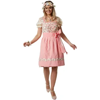 dressforfun Mini Dirndl Damen, kurzes Trachtenkleid mit Blumenmuster, Dirndlkleid Damen, Trachtenmode Damen Trachten Trachtenrock mit Dirndlschürzen, Tracht Oberteil mit Rüschen - (XL| Nr. 302973) - XL
