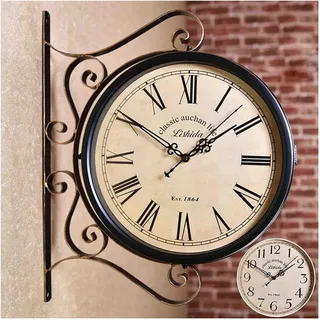 LUOYAOB Retro Bahnhofsuhr Doppelseitiger Bahnhofsuhr, Gartenwanduhr im Freien, Vintage hängende doppelseitige Uhr for Terrasse Veranda Garten im Freien Dekorative doppelseitige Hängsuhr (Color : B)