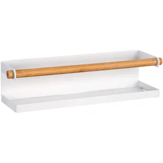 WENKO Gewürzregal Mod. Magna, magnetisches Regal aus Metall mit Bambus-Detail zum Aufbewahren und Präsentieren von Gewürzgefäßen, Anbringung ohne Bohren mit Magnet oder Klebeband, 32 x 8 x 8 cm, Weiß