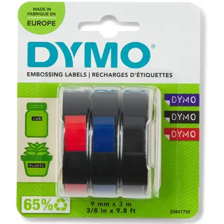 Dymo Junior/Omega Plastik-Prägeband S0847750, 9mm x 3m schwarz/blau/rot, 3er Pack