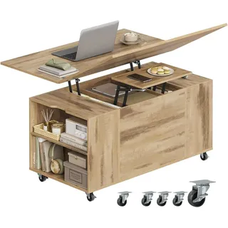 Woltu Couchtisch (1-St), höhenverstellbar mit Rollen, Hebeplatte Schublade beige