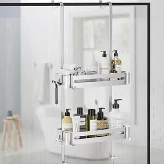 AIGOCITY Duschablage zum Hängen, Duschregal Ohne Bohren Silber für Glasduschtüren mit 6 Haken für die Aufbewahrung von Shampoo und Duschgel im Badezimmer