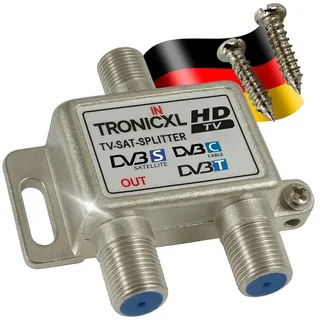 TronicXL Premium Antennenverteiler 2-Fach Verteiler Weiche Splitter F-Buchse zb für DVBT DVBC SAT Splitter Kabelfernsehen Unitymedia Vodafone Sky Primacom Kabelfernseh Digital HD 3D 4K