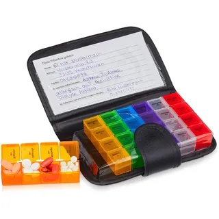 Relaxdays Tablettenbox mit Etui, 7 Tage, 4 Fächer, wöchentliche Pillendose für unterwegs & Reise, Tablettenetui, schwarz 1 Stück
