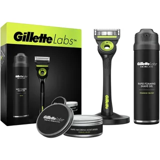 Gillette Labs Geschenkset mit Rasierer, Schwarz und Neon + Rasiergel, 198 ml + Feuchtigkeitscreme 100 ml