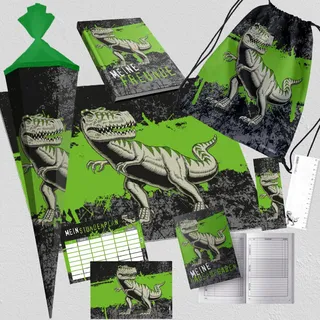 itenga Set T-Rex Schule Schultüte Schreibtischunterlage Lesezeichen Schulhefte