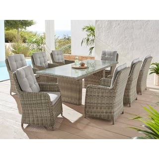 Konifera Garten-Essgruppe »Venedig«, (Set, 25 tlg., 8x Sessel, 1x Tisch 230,8x100,5x76 cm, inkl. Auflagen), Polyrattan, Aluminium, Tischplatte aus 5mm starkem Sicherheitsglas, grau