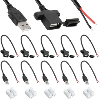 Xiatiaosann USB-Buchse 2-poliger blanker Draht mit staubdichter Kappe und USB-Stecker 2-poliger blanker Draht, USB 2.0 Stromdatenkabel, mit Drahtkappen, Federdrahtverbinder (25 Stück)