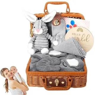 7 in 1 Baby Geschenkset Baby Geschenke zur Geburt, Neugeborenen Geschenkkorb Mädchen Junge Geburt mit Babydecken, Baby Dreieckstuch Plüschtiere Grußkarten Geburtskarten Socken Geschenkboxen Körbe
