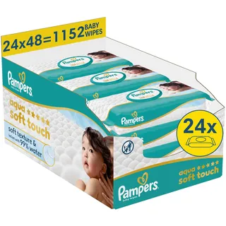 Pampers Aqua Soft Touch Baby-Feuchttücher, 24 Packungen mit 48 Feuchttüchern - 1152 Baby-Feuchttücher, weiche Textur und Lotion mit 99 Prozent Wasser