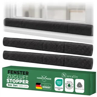 Zugluftstopper für Fenster 100cm Anthrazit Schurwolle – stoppt Zugluft & Kälte, dämpft Lärm/Staub/Licht, rutscharm, ohne Bohren; für Fensterbank/Rahmen, Spalt abdichten, Innenbereich, 3er-Set