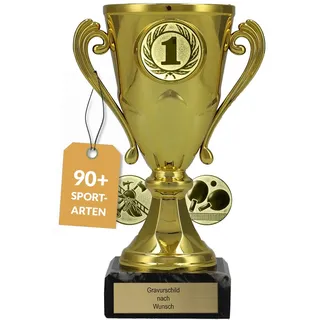 pokal-fabrik.de - Pokal mit Gravur Wunschtext in Gold - personalisiertes Geschenk & Sportemblem nach Wahl - 15 cm inkl. Marmorsockel - Geschenk-Trophäe | Pokal Kinder