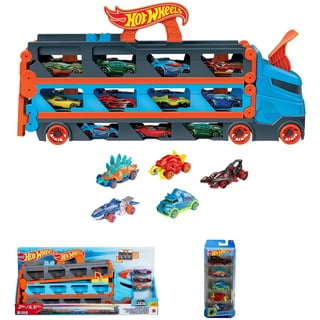 Hot Wheels HGH33 - 2-in-1 Rennbahn-Transporter zur Aufbewahrung mit 3 Fahrzeugen, fasst 20+ Fahrzeuge, von 4 bis 8 Jahren & 1806 - Geschenkset, je 5 Fahrzeuge, zufällige Autos/Fahrzeugmodelle,5er Pack