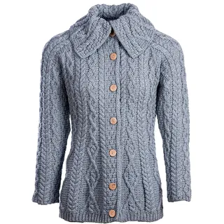 Aran Woollen Mills Irische Damen Strickjacke Cardigan mit Knöpfen und Rautenmuster 100% Merinowolle - L