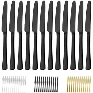 Bestdin Tafelmesser Set 12 Stück, 23.8cm(9.37 inch) Messerset, Buttermesser aus Edelstahl, Besteck Messer Essmesser mit Wellenschliff für Küchen/Restaurants, Spülmaschinenfest, Mattschwarze