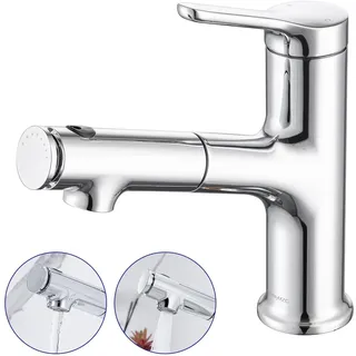 Waschtischarmatur mit Ausziehbar Brause LakeBayMZC Wasserhahn Bad,Einhebelmischer Badarmatur Waschbeckenarmatur für Aufsatzwaschbecken mit 3 Wasserstrahlarten Brause,Chrom